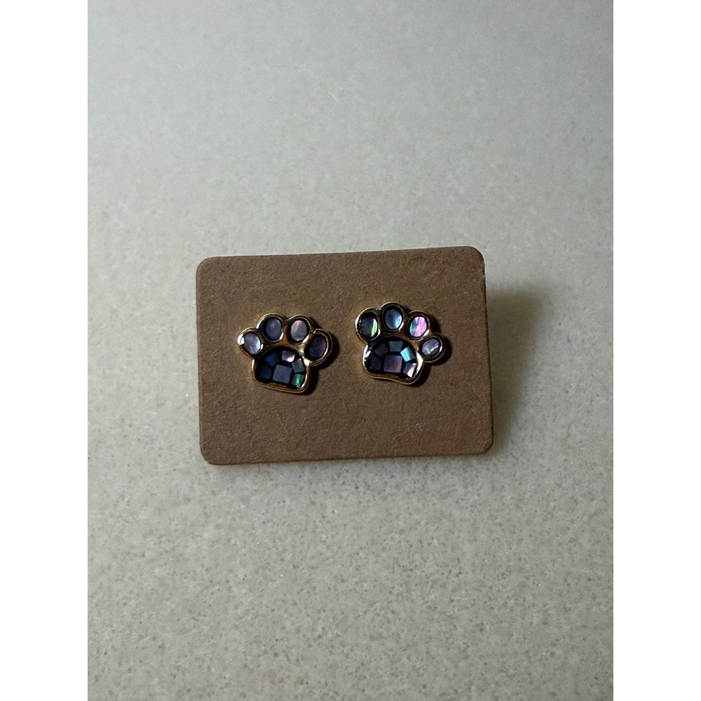 14K Gold Plated Sterling Silver Mosaic Paw Print Stud Earrings Purple Blue Shell
